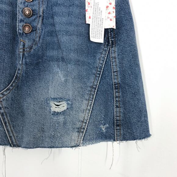 Free People Denim Skirt Mini Distressed A-Line Exposed Button Fly Size 25 Blue - Picture 4 of 13